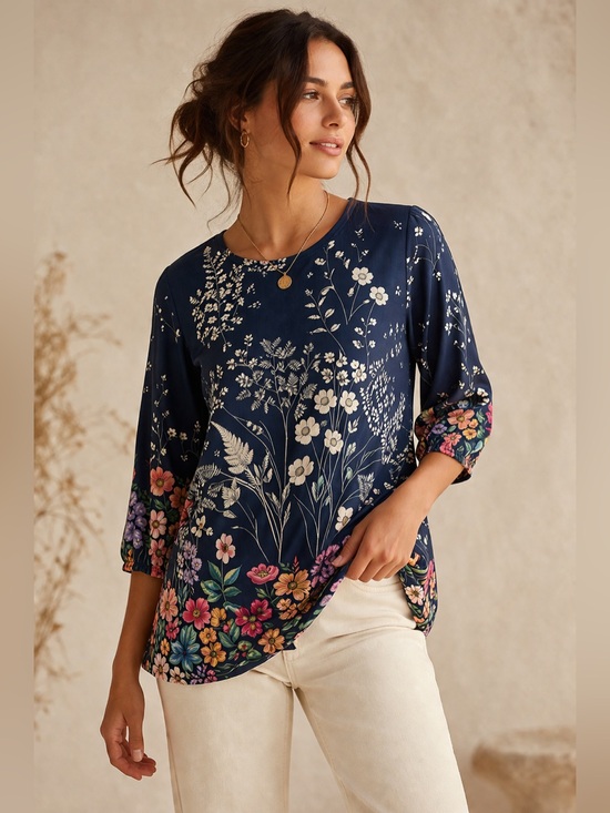 Johnny Was Tops - Johnny Was Janie Favorite Floral Top Navy Boho Anthro Style Lagenlook Coastal